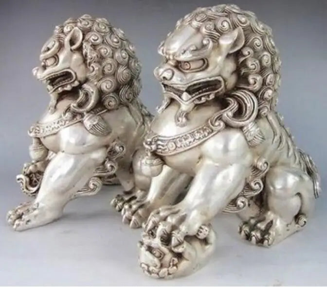 Copper Statue 4.8" inch Chinese Silver Guardian Lion Foo Fu Dog Statue Pair