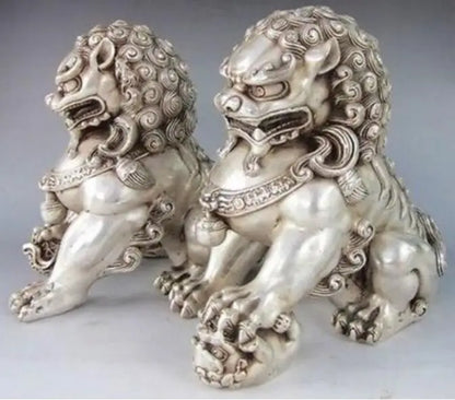 Copper Statue 4.8" inch Chinese Silver Guardian Lion Foo Fu Dog Statue Pair