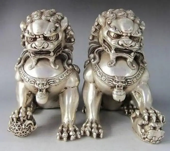 Copper Statue 4.8" inch Chinese Silver Guardian Lion Foo Fu Dog Statue Pair