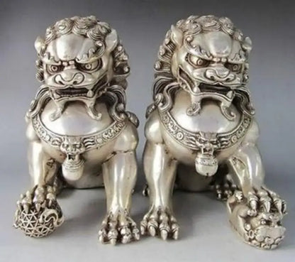 Copper Statue 4.8" inch Chinese Silver Guardian Lion Foo Fu Dog Statue Pair