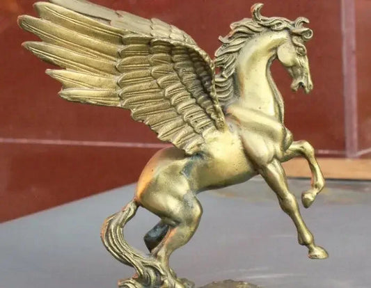 Copper Statue 6" Folk Old China FengShui Brass Zodiac Year Fly Horse Pegasus Auspicious Statue