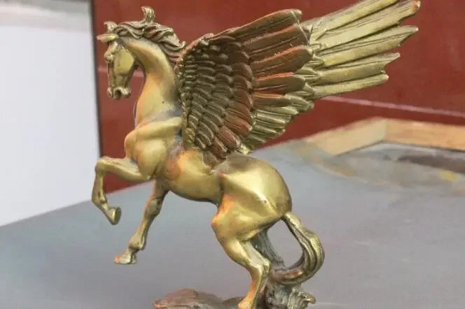 Copper Statue 6" Folk Old China FengShui Brass Zodiac Year Fly Horse Pegasus Auspicious Statue