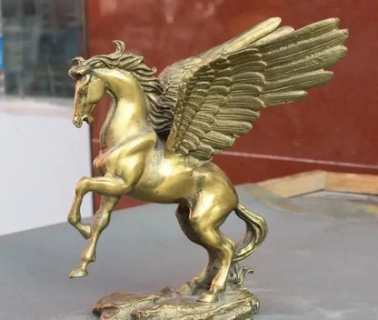 Copper Statue 6" Folk Old China FengShui Brass Zodiac Year Fly Horse Pegasus Auspicious Statue