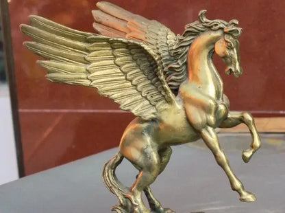 Copper Statue 6" Folk Old China FengShui Brass Zodiac Year Fly Horse Pegasus Auspicious Statue
