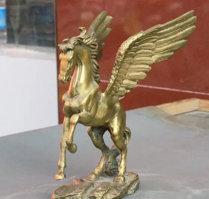 Copper Statue 6" Folk Old China FengShui Brass Zodiac Year Fly Horse Pegasus Auspicious Statue
