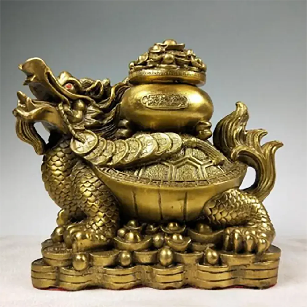 Copper Statue China Dragon Turtle Tortoise Cornucopia Ingot Copper Cash Lucky Bronze Statue