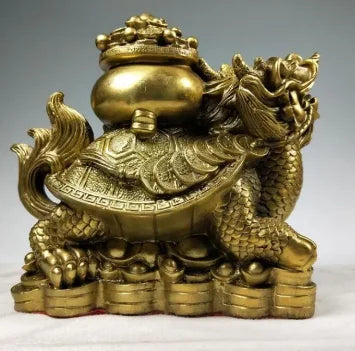 Copper Statue China Dragon Turtle Tortoise Cornucopia Ingot Copper Cash Lucky Bronze Statue
