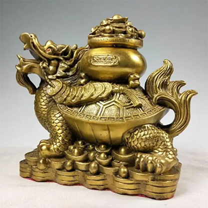 Copper Statue China Dragon Turtle Tortoise Cornucopia Ingot Copper Cash Lucky Bronze Statue