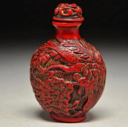 Copper Statue DELICATE CHINESE RED CORAL RESIN CARVED PEONY&DRAGON SNUFF BOTTLE