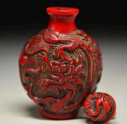 Copper Statue DELICATE CHINESE RED CORAL RESIN CARVED PEONY&DRAGON SNUFF BOTTLE