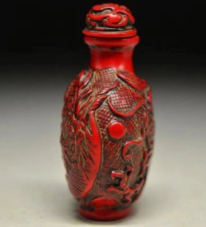 Copper Statue DELICATE CHINESE RED CORAL RESIN CARVED PEONY&DRAGON SNUFF BOTTLE
