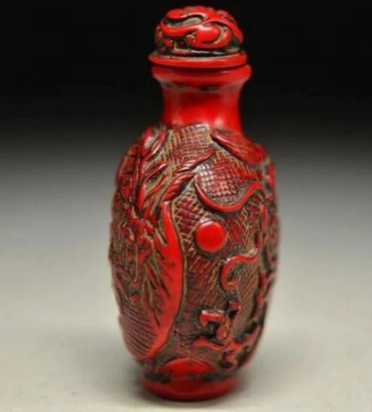 Copper Statue DELICATE CHINESE RED CORAL RESIN CARVED PEONY&DRAGON SNUFF BOTTLE