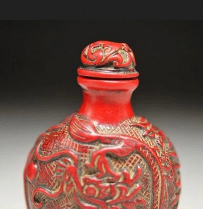 Copper Statue DELICATE CHINESE RED CORAL RESIN CARVED PEONY&DRAGON SNUFF BOTTLE