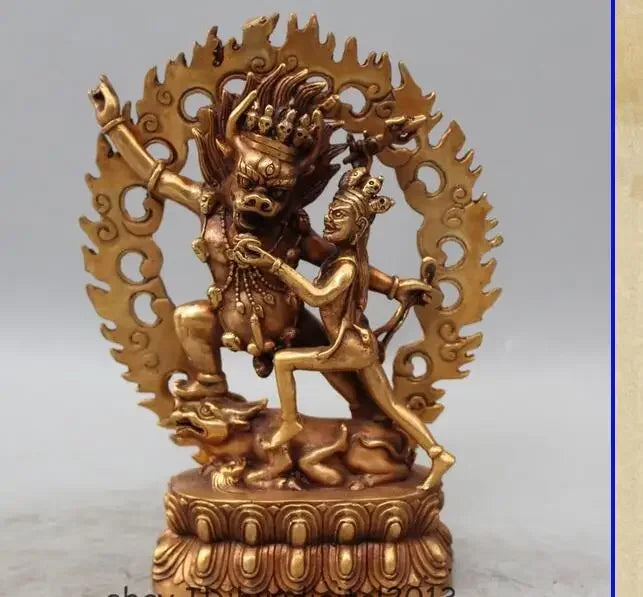 Copper crafts decoration bronze factory 9" Old Tibet Buddhism Bronze Gilt Ox Head Mandkesvara Yab-Yum Buddha Statue