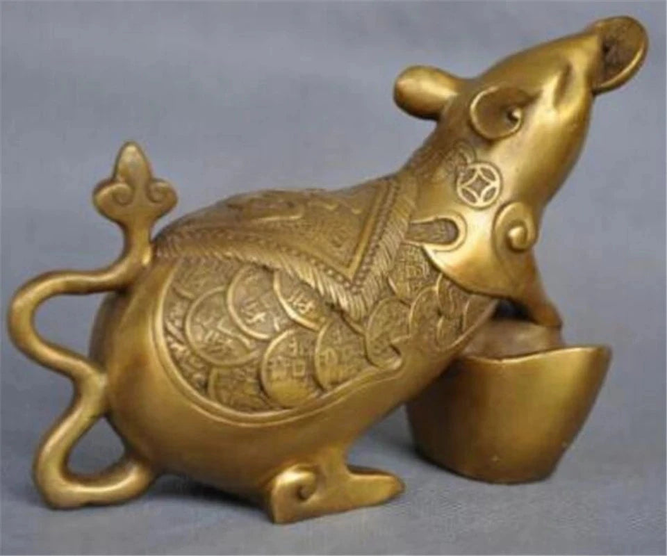 Copper statue Exquisite Chinese Zodiac Animal Rat Mouse Coin Yuanbao Money Bronze Statue