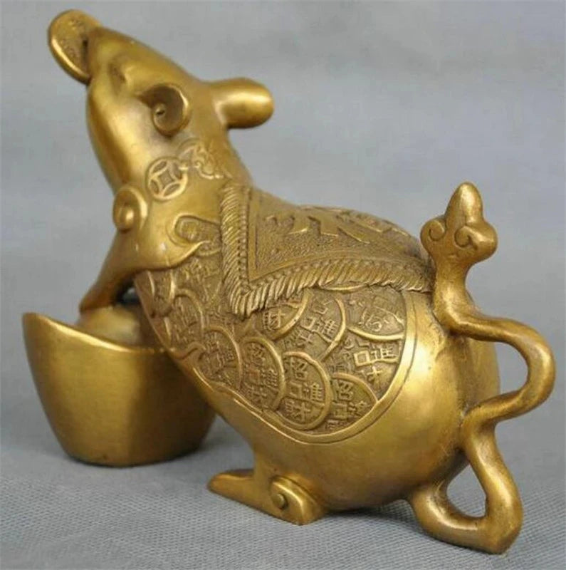 Copper statue Exquisite Chinese Zodiac Animal Rat Mouse Coin Yuanbao Money Bronze Statue