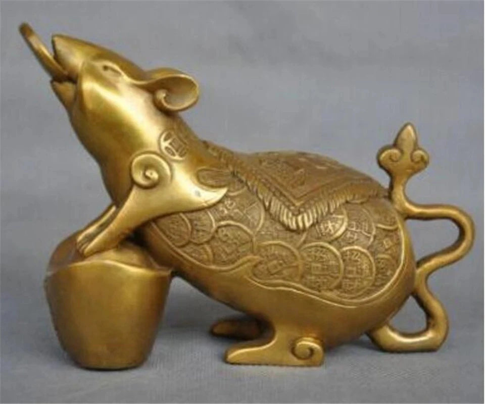 Copper statue Exquisite Chinese Zodiac Animal Rat Mouse Coin Yuanbao Money Bronze Statue