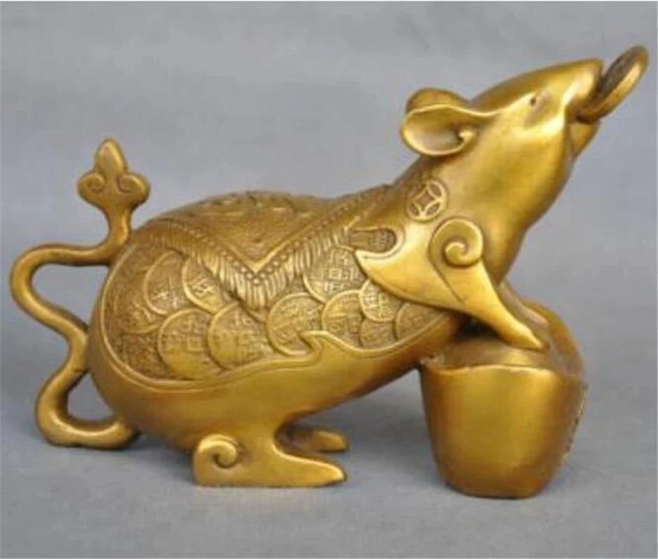 Copper statue Exquisite Chinese Zodiac Animal Rat Mouse Coin Yuanbao Money Bronze Statue