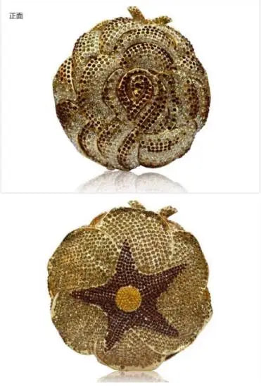 Coral starfish/Gold Rhinestones Clutch Women Floral Yellow Crystal Evening Bags Bridal Wedding Party Clutch Purse and Handbags