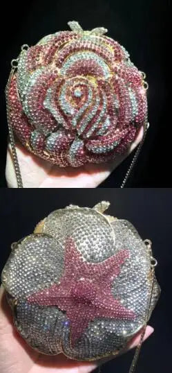 Coral starfish/Gold Rhinestones Clutch Women Floral Yellow Crystal Evening Bags Bridal Wedding Party Clutch Purse and Handbags
