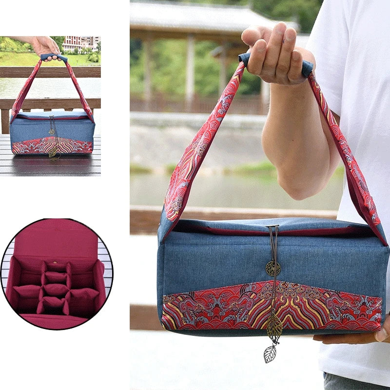 Cotton and Linen Travel Tea Cozies Storage Bag, Portable, 4 Pots, 4 Cups, Thick, Car, Outdoor, Drinkware Accessories