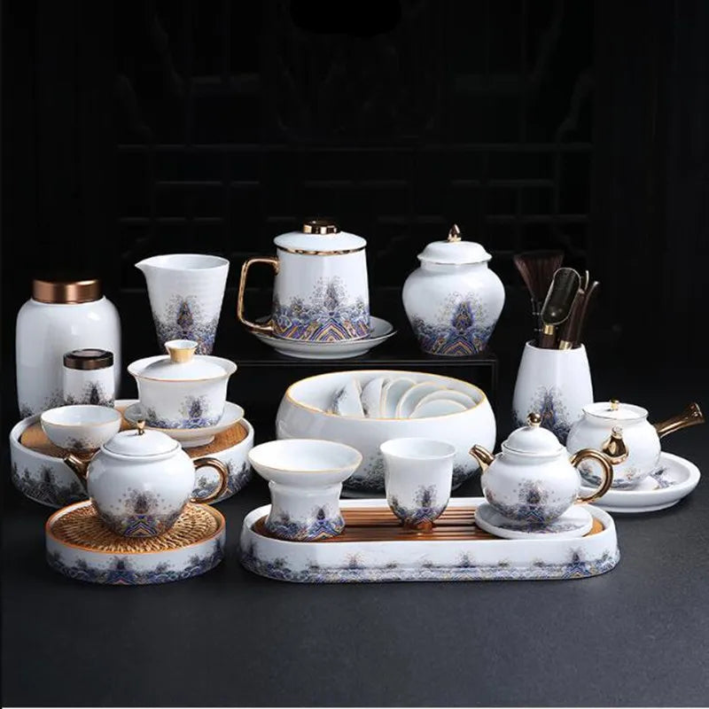 Court Style Gold Silk Enamel Large Sancai Cover Bowl, Saucer Tea Cup, Pot Kettle, White Porcelain Chinese Ceramic Tea Set