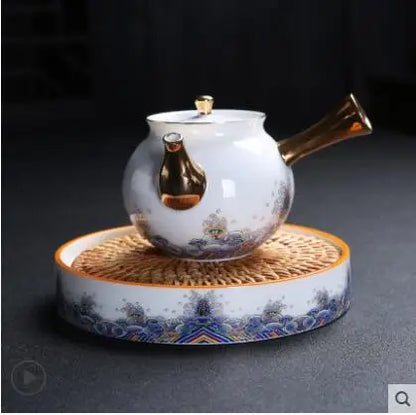 Court Style Gold Silk Enamel Large Sancai Cover Bowl, Saucer Tea Cup, Pot Kettle, White Porcelain Chinese Ceramic Tea Set