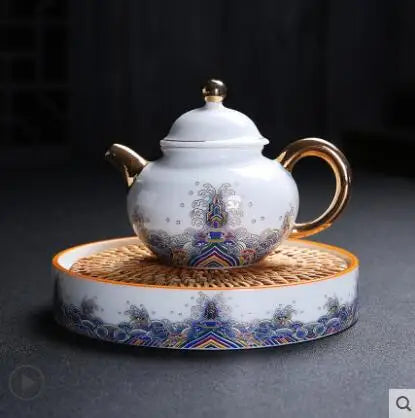 Court Style Gold Silk Enamel Large Sancai Cover Bowl, Saucer Tea Cup, Pot Kettle, White Porcelain Chinese Ceramic Tea Set