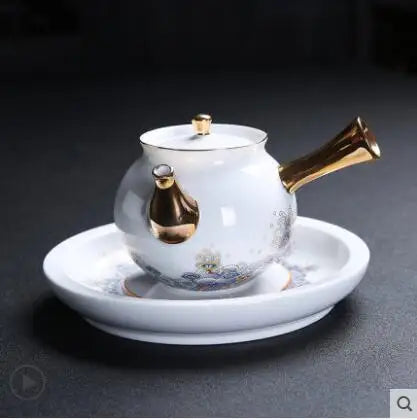 Court Style Gold Silk Enamel Large Sancai Cover Bowl, Saucer Tea Cup, Pot Kettle, White Porcelain Chinese Ceramic Tea Set