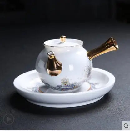Court Style Gold Silk Enamel Large Sancai Cover Bowl, Saucer Tea Cup, Pot Kettle, White Porcelain Chinese Ceramic Tea Set