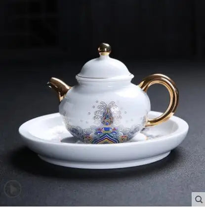 Court Style Gold Silk Enamel Large Sancai Cover Bowl, Saucer Tea Cup, Pot Kettle, White Porcelain Chinese Ceramic Tea Set