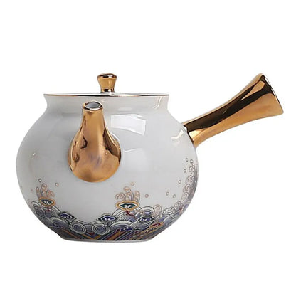 Court Style Gold Silk Enamel Large Sancai Cover Bowl, Saucer Tea Cup, Pot Kettle, White Porcelain Chinese Ceramic Tea Set