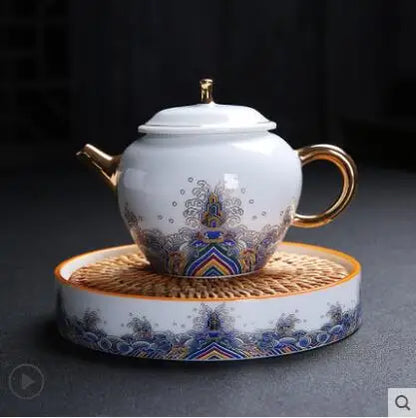 Court Style Gold Silk Enamel Large Sancai Cover Bowl, Saucer Tea Cup, Pot Kettle, White Porcelain Chinese Ceramic Tea Set