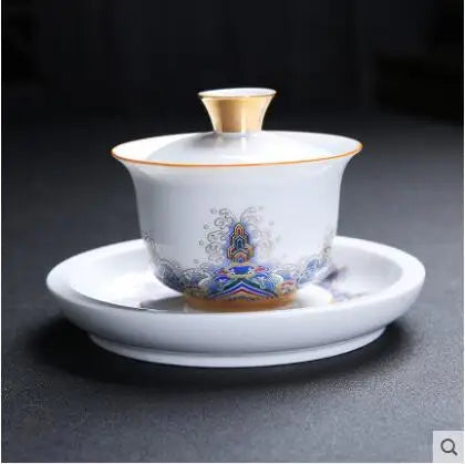 Court Style Gold Silk Enamel Large Sancai Cover Bowl, Saucer Tea Cup, Pot Kettle, White Porcelain Chinese Ceramic Tea Set