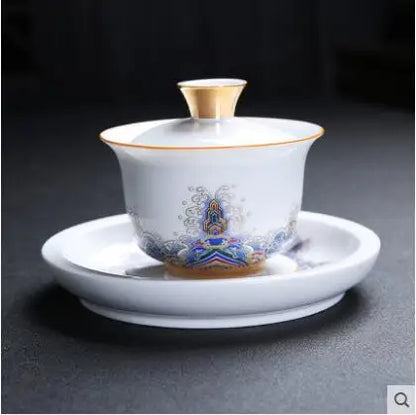 Court Style Gold Silk Enamel Large Sancai Cover Bowl, Saucer Tea Cup, Pot Kettle, White Porcelain Chinese Ceramic Tea Set