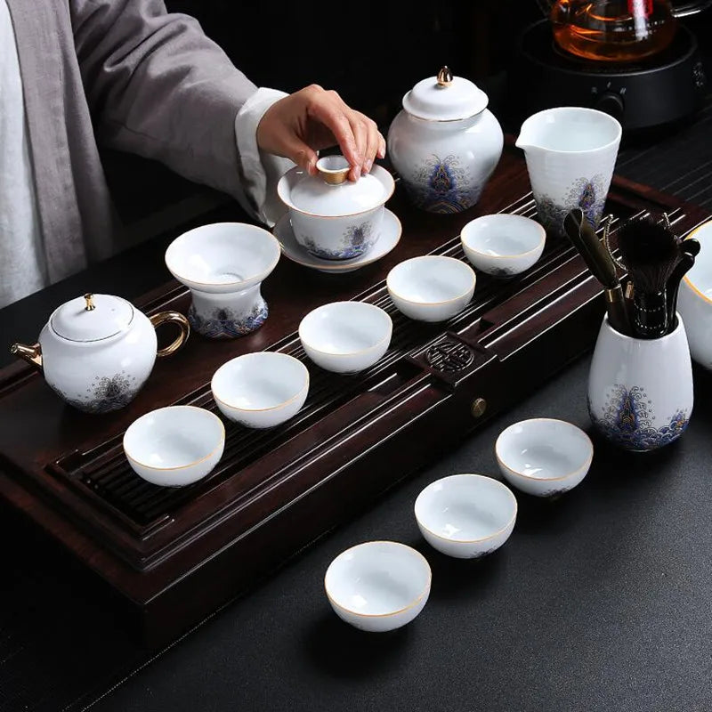 Court Style Gold Silk Enamel Large Sancai Cover Bowl, Saucer Tea Cup, Pot Kettle, White Porcelain Chinese Ceramic Tea Set