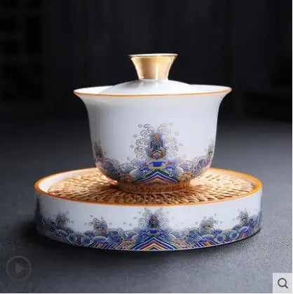 Court Style Gold Silk Enamel Large Sancai Cover Bowl, Saucer Tea Cup, Pot Kettle, White Porcelain Chinese Ceramic Tea Set