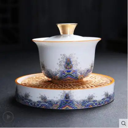 Court Style Gold Silk Enamel Large Sancai Cover Bowl, Saucer Tea Cup, Pot Kettle, White Porcelain Chinese Ceramic Tea Set