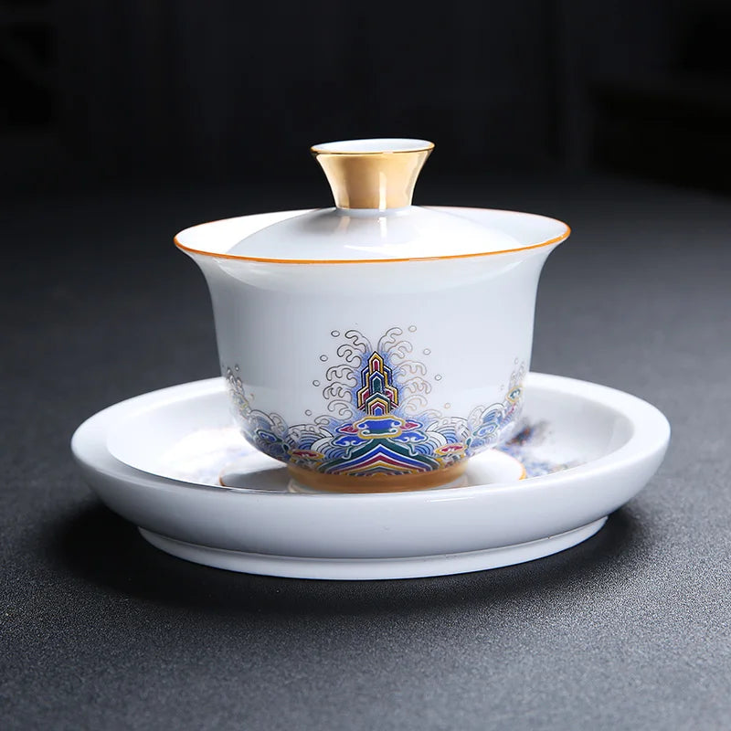 Court Style Gold Silk Enamel Large Sancai Cover Bowl, Saucer Tea Cup, Pot Kettle, White Porcelain Chinese Ceramic Tea Set