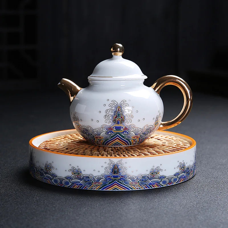 Court Style Gold Silk Enamel Large Sancai Cover Bowl, Saucer Tea Cup, Pot Kettle, White Porcelain Chinese Ceramic Tea Set