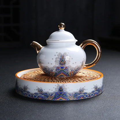 Court Style Gold Silk Enamel Large Sancai Cover Bowl, Saucer Tea Cup, Pot Kettle, White Porcelain Chinese Ceramic Tea Set