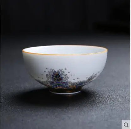 Court Style Gold Silk Enamel Large Sancai Cover Bowl, Saucer Tea Cup, Pot Kettle, White Porcelain Chinese Ceramic Tea Set