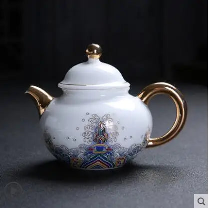 Court Style Gold Silk Enamel Large Sancai Cover Bowl, Saucer Tea Cup, Pot Kettle, White Porcelain Chinese Ceramic Tea Set