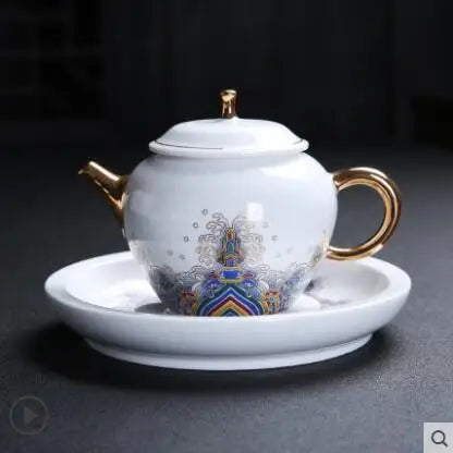 Court Style Gold Silk Enamel Large Sancai Cover Bowl, Saucer Tea Cup, Pot Kettle, White Porcelain Chinese Ceramic Tea Set