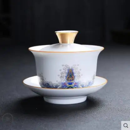 Court Style Gold Silk Enamel Large Sancai Cover Bowl, Saucer Tea Cup, Pot Kettle, White Porcelain Chinese Ceramic Tea Set