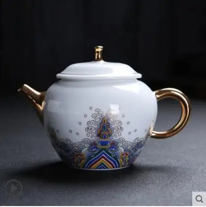 Court Style Gold Silk Enamel Large Sancai Cover Bowl, Saucer Tea Cup, Pot Kettle, White Porcelain Chinese Ceramic Tea Set