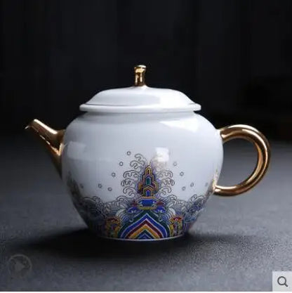 Court Style Gold Silk Enamel Large Sancai Cover Bowl, Saucer Tea Cup, Pot Kettle, White Porcelain Chinese Ceramic Tea Set