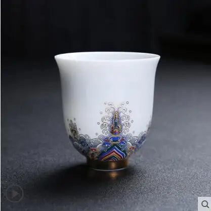 Court Style Gold Silk Enamel Large Sancai Cover Bowl, Saucer Tea Cup, Pot Kettle, White Porcelain Chinese Ceramic Tea Set