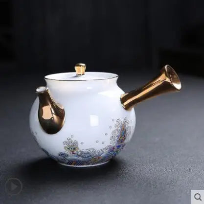 Court Style Gold Silk Enamel Large Sancai Cover Bowl, Saucer Tea Cup, Pot Kettle, White Porcelain Chinese Ceramic Tea Set