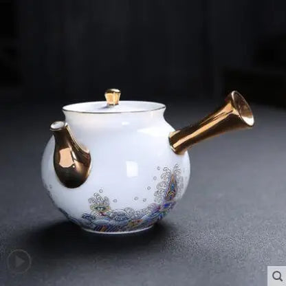 Court Style Gold Silk Enamel Large Sancai Cover Bowl, Saucer Tea Cup, Pot Kettle, White Porcelain Chinese Ceramic Tea Set